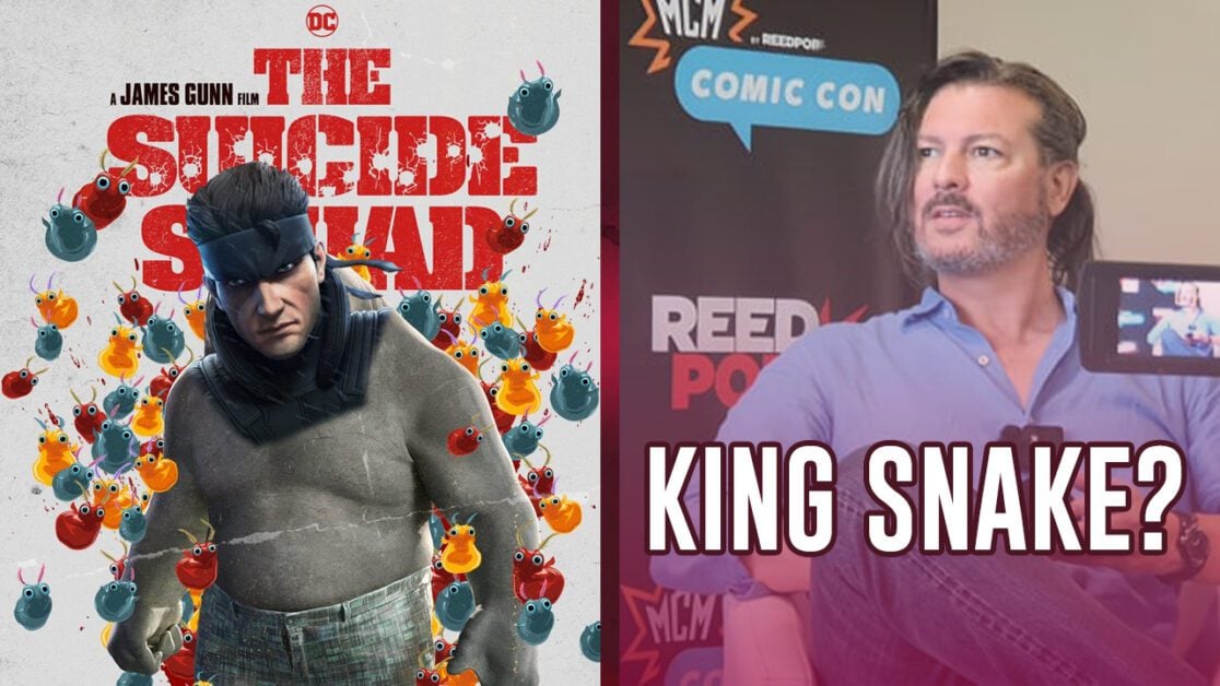 honestly i can't explain this. It's a picture of david hayter on the right, a picture of snake's face imposed on the body of king shark on the right.
