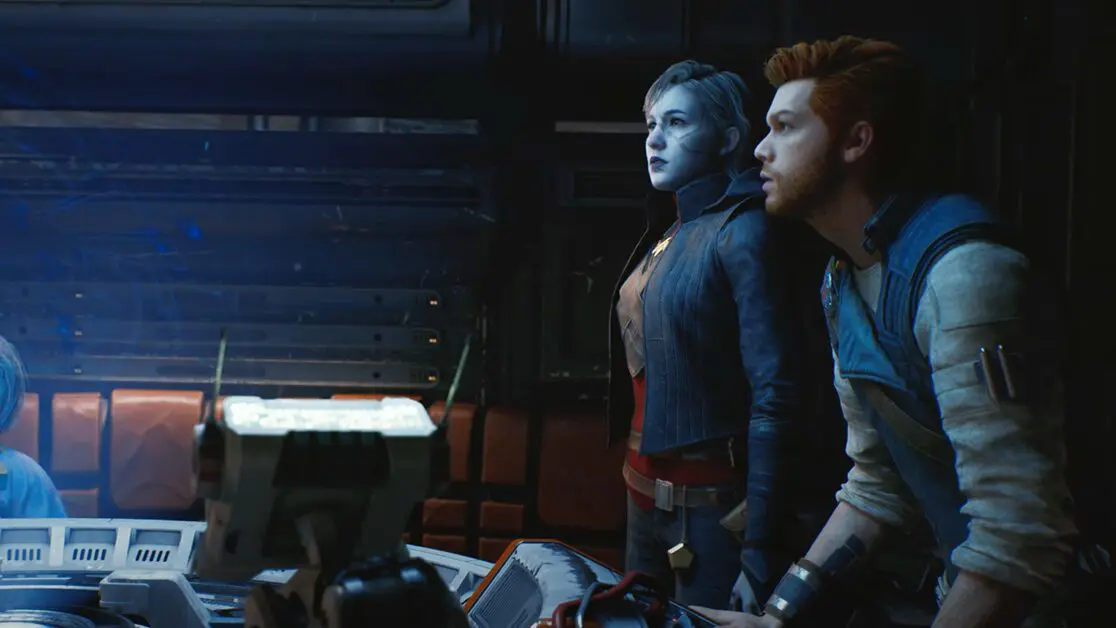 Screenshot of Merrin and Cal Kestis from the new Star Wars Jedi Survivor story trailer